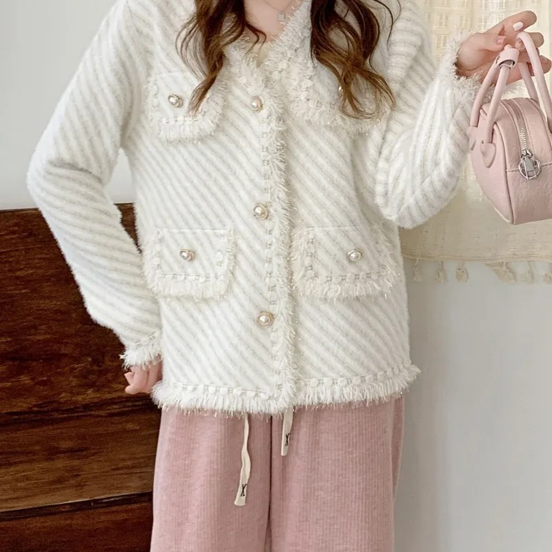 Spring Style Korean New Style Western Style Xiaoxiang Coat Online Celebrity Debutante Gold Wire Diagonal Stripe Knit Cardigan