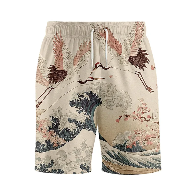 

2026 Summer Fashion New Men's Limited Edition Crane Dance on Waves 3D Printed Sports Shorts Casual Street Wear Loose Shorts