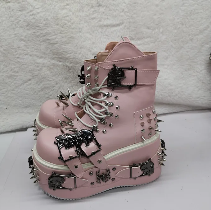 Botines de Plataforma para Mujer, Estilo Gótico Punk, con Clavijas Metálicas, Remaches, Correa con Hebilla, Cierre Lateral, Cordones, Zapatos de Tacón Alto para Fiesta Rock