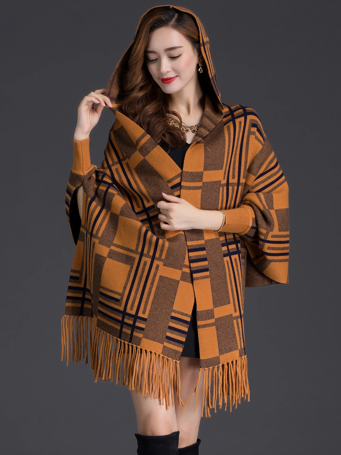 autumn-winter-knitted-hooded-shawl-women's-plaid-tassel-cloak-style-warm-versatile-fashion-high-end-outerwear