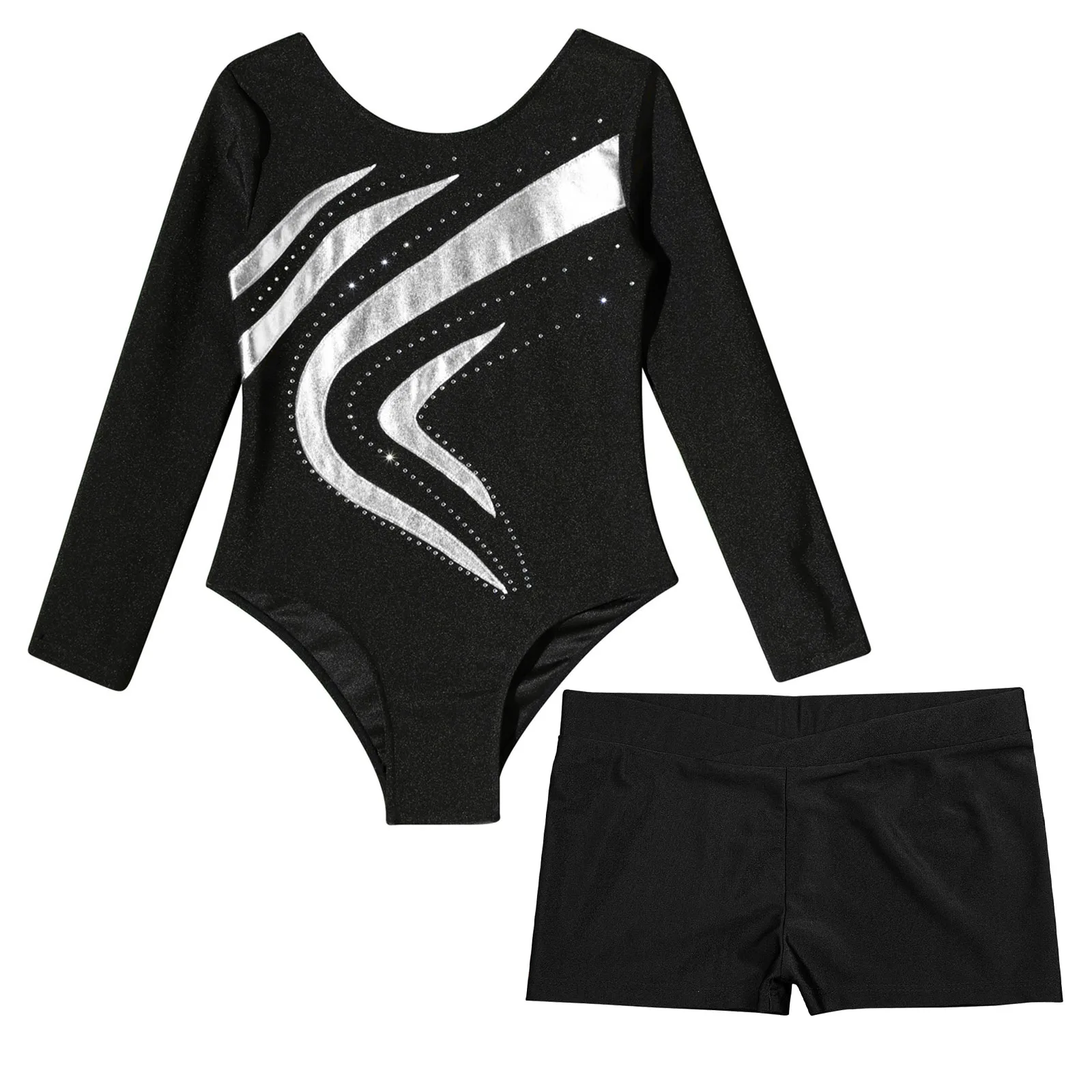 Kids Girls Gymnastics Dance Set Long Sleeve Round Neck Shiny Rhinestones Leotard Ballet Jersey with V-front Waistband Shorts