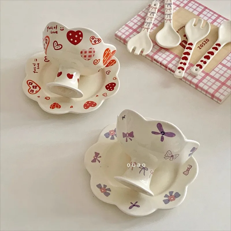 Korean Cute Ceramic Lace High Footed Dessert Bowl Creative Love Bow Illustration Ice Cream Cup Home Afternoon Tea Tableware Set