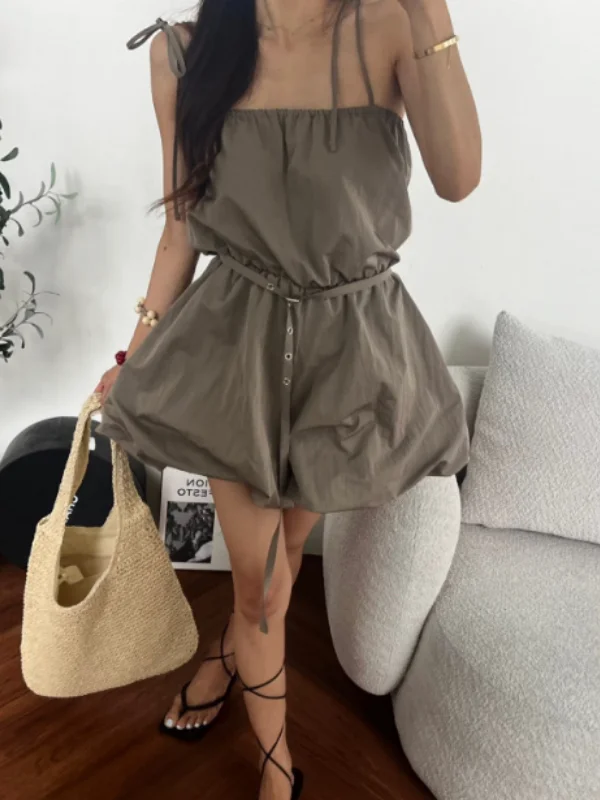 Summer New Style Women's One-Piece Pants Floral Bud Belted Slimming Short Wide Leg Hot Pants Korean Style Casual Wear