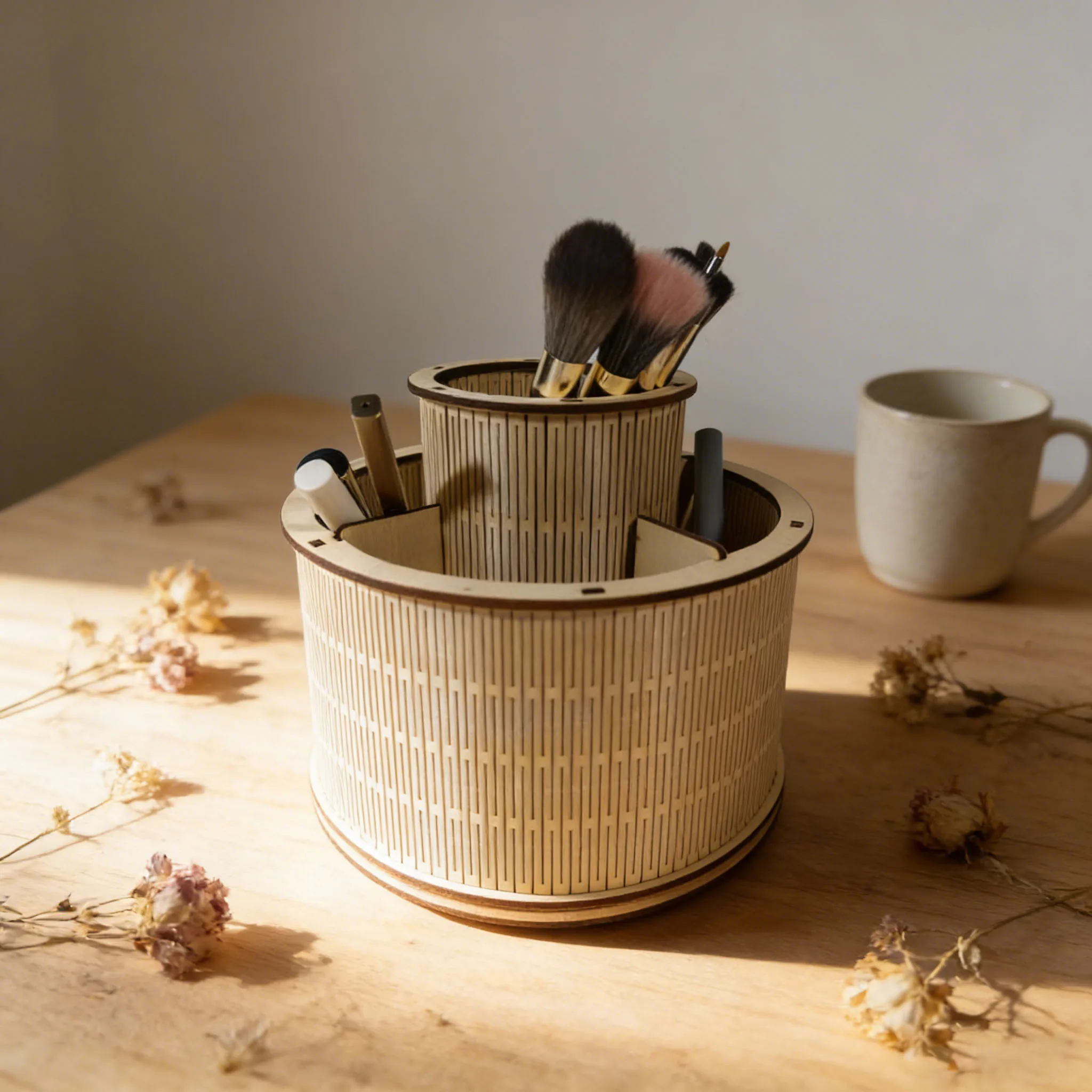 

3D Wooden Puzzle Makeup Storage Box, DIY Rotating Makeup Brush Holder, Eco-Friendly Desktop Organiser A unique gift for women