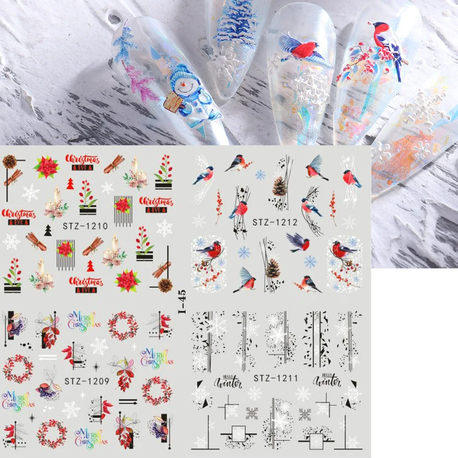 4pcs Xmas Nail Stickers Snowflake Bird Penguin Santa Elk Flower Sliders For Summer New Year Design Water Transfer Decor SLI44-49