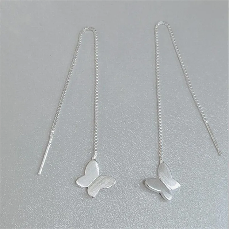 New Korean Sweet Brushed Butterfly 925 Sterling Silver Jewelry Temperament Long Ear Line Popular Earrings E137