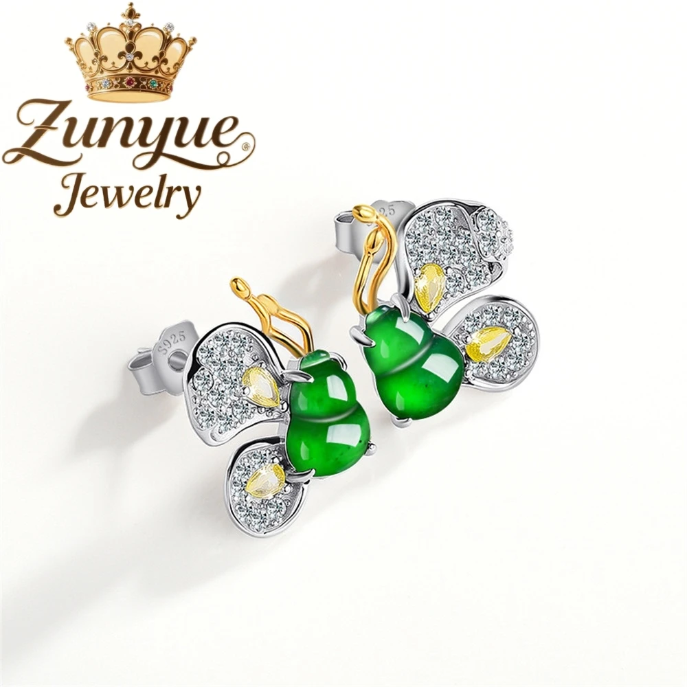 Pendientes de mariposa de calabaza verde de jadeíta Natural de grado A con incrustaciones de plata S925, pendientes de moda de Jade tipo hielo para mujer