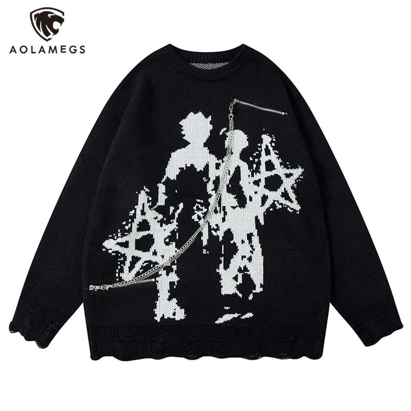 Men's Sweater Trendy w/ Chain Crew Neck Pullover American Style High Street Hip Hop Tops Casual All-match Sweater Unisex Autumn