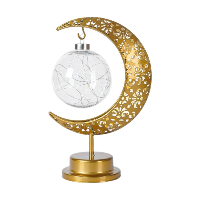 NEW-Iron Moon Round Ball Muslim Style Modeling Lamp Decorative Bedroom Holiday Table Atmosphere Lamp