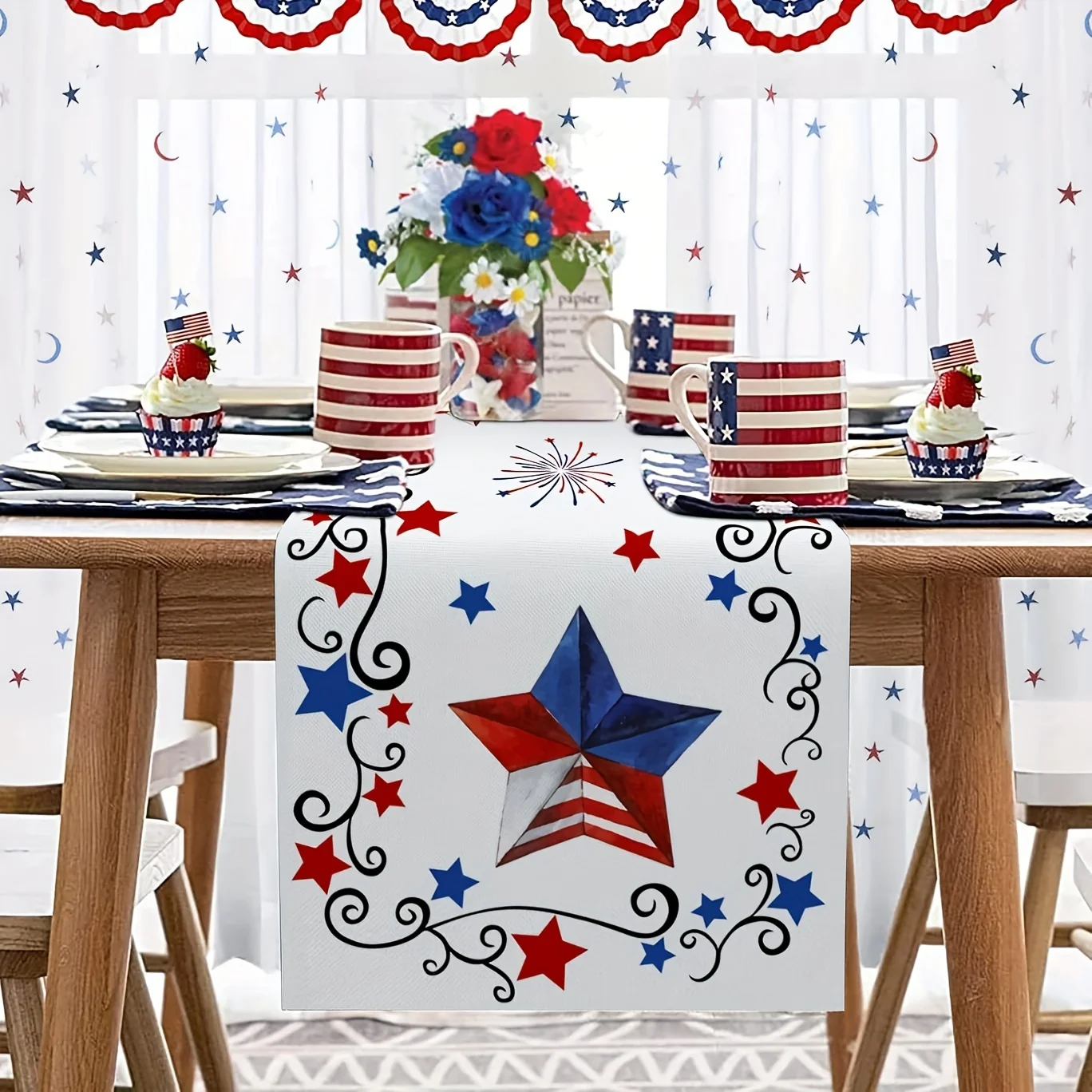 Red and Blue Stars Pattern 4th of July Linen Table Runners Patriotic Independence Day Table Runner for Party Dining Table Decor