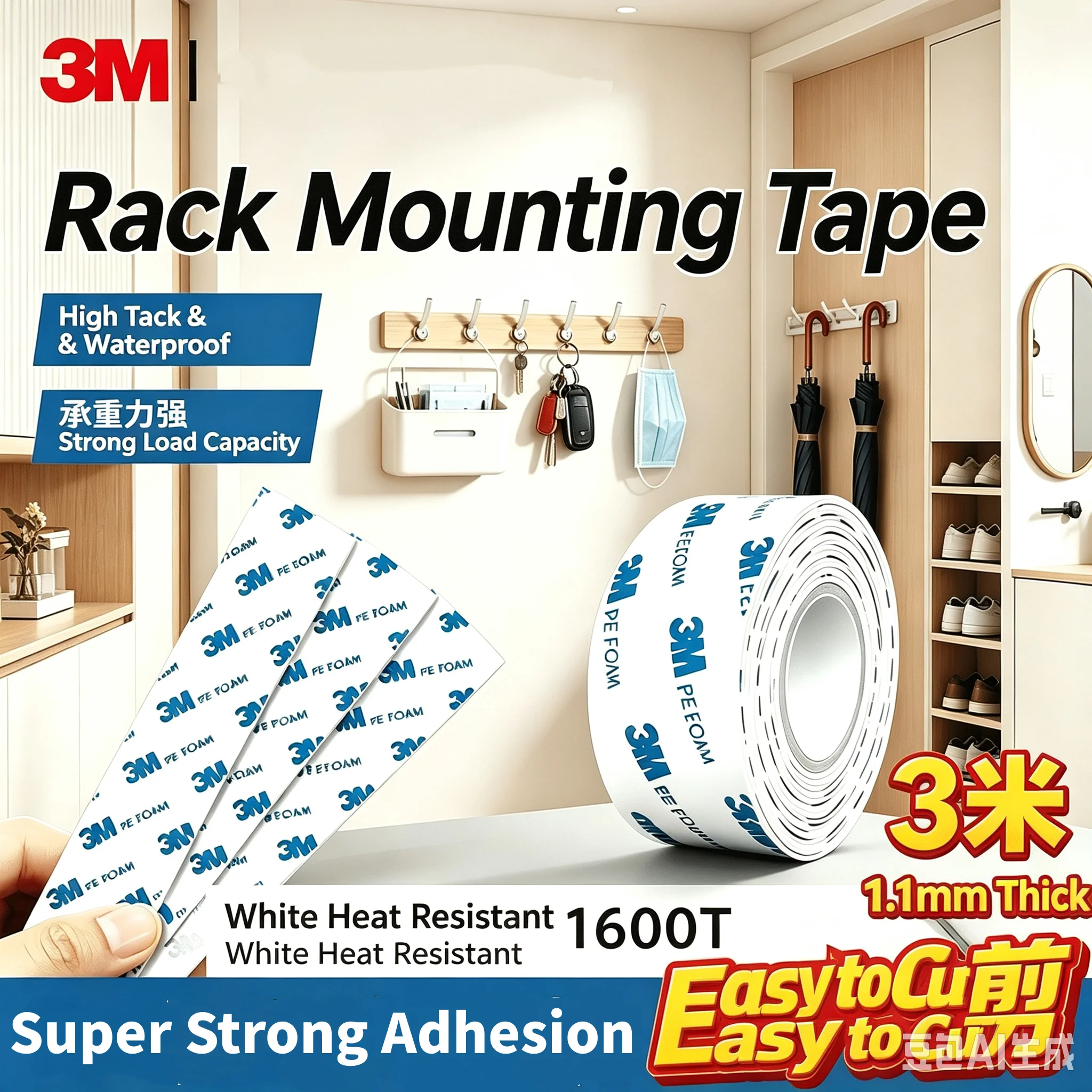 3M Strong Double-Sided Adhesive Tape 1600T Non-Trace High Viscosity Thickened Foam Tape for Car& Household Use High Temperature