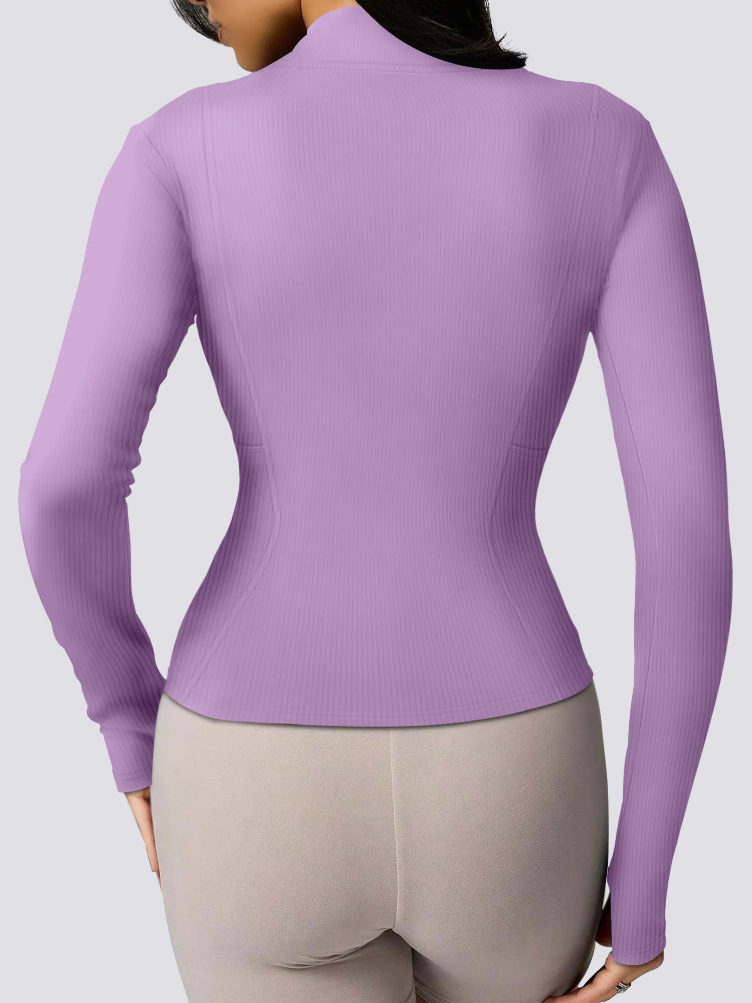 Women Solid Ribbed Long Sleeve Zip Jacket Cropped Stand Collar Thumb Hole Slim Fit Daily Commuter Outer Top
