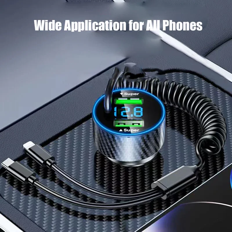 UYUXIO 4 في 1 USB محول شاحن هاتف السيارة مع كابل 3.3 قدم عرض الجهد شحن سريع للغاية لهاتف iPhone 16 15 Pro Max Samsung
