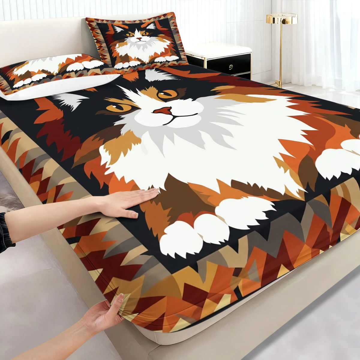 Abstract Geometric Zigzag Border Kitten Fitted Sheet 3PCS, Fall Tone Longhair Calico Cat Portrait Pattern Elastic Mattress Cover