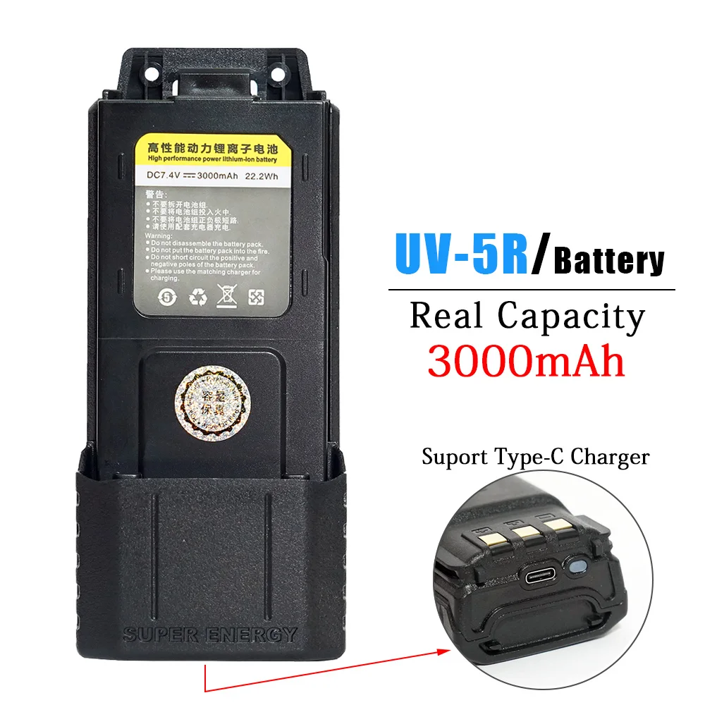 Baofeng UV5R Walkie Talkie Battery with Type-C Enlarge 2600mAh/3000mAh Li-ion Battery USB-C Cable BL-5 UV-5RA UV-5RE BF-F8+