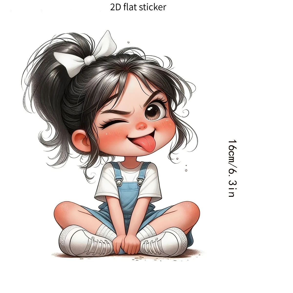 2D Flat Cute Playful Girl Waterproof Glossy Vinyl Sticker, Cartoon Decal For Car Laptop Wall Decor