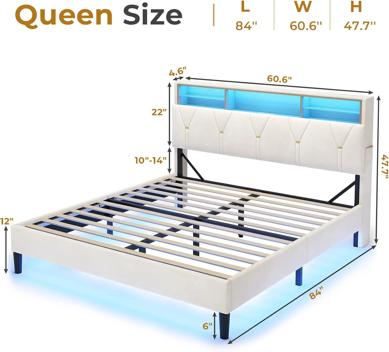 Large bed frame with storage headboard and RGB LED lights, equipped with Type-C and USB charging stations, milky white