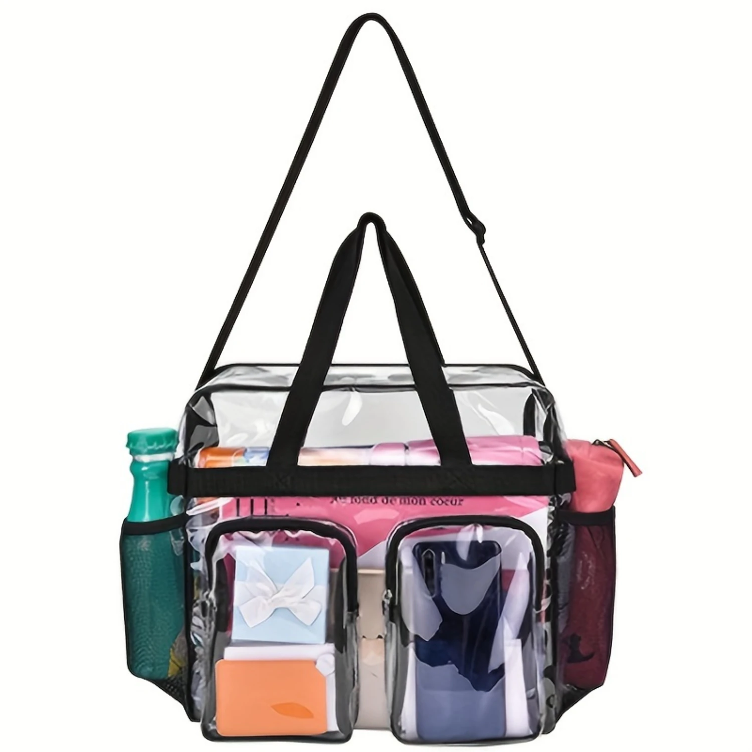 Multi-pocket Transparent Portable Tote Bag, With Two Front Pockets And Two Side Mesh Pockets