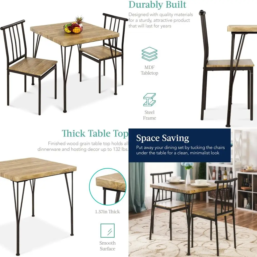 

Modern Metal and Wood Square Dining Table Set for Kitchen and Dining Room, 3-Piece Contemporary Dining Furniture