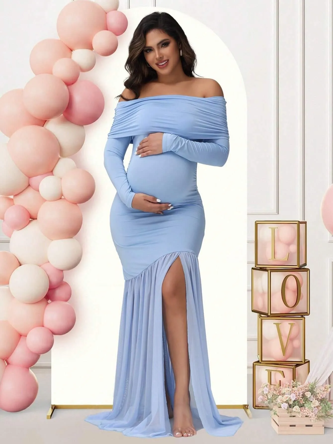 Sommerkleid für Damen Elegantes Party-Abendkleid Schulterfreies Maxikleid Mesh-Rock Gerafftes Oberteil Transparente Überwürfe für Schwangere
