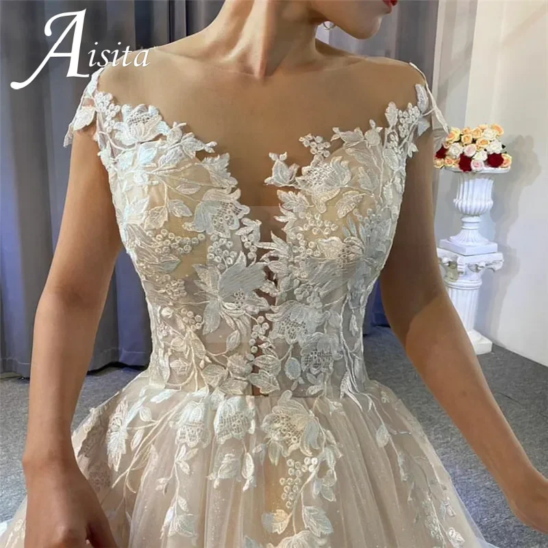 Modesto laço o-pescoço vestido de casamento 2025 uma linha sem mangas rendas apliques vestidos de noiva sem costas elegante ilusão vestidos de casamento
