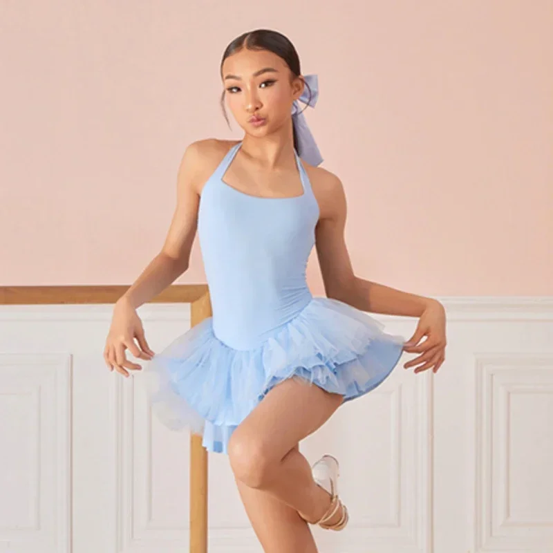 소녀를위한 새로운 라틴 댄스 복장 민소매 레이스 발레 드레스 키즈 차차 룸바 라틴 댄스 경연 대회 의상 DQS20018