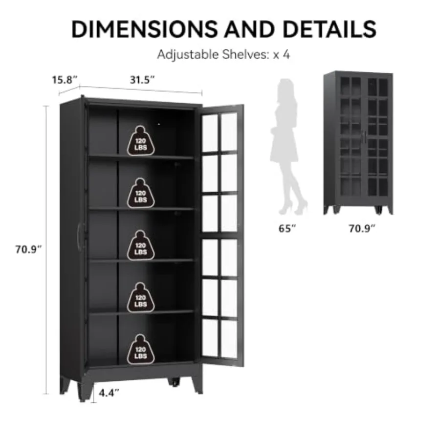 71 Metal Pantry Cabinet with Glass Doors for Living Room, Steel, Black, Adjustable Shelves and Soft-Close Doors view 2