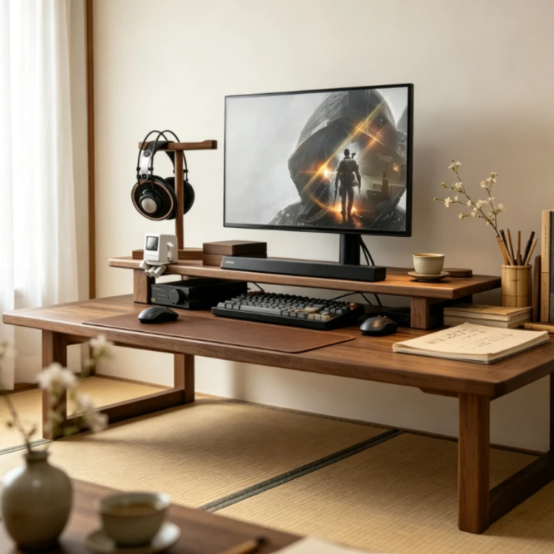 Solid Wood Adjustable Monitor Stand Riser Walnut Desk Organizer for Laptop PC Sturdy Office Storage Shelf
