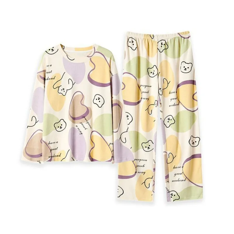 Women Pajamas Spring Autumn New Female Cotton Long Sleeve Sweet Round Collar Home Wear Two-Piece Casual Loose Sleepwear Set 2024