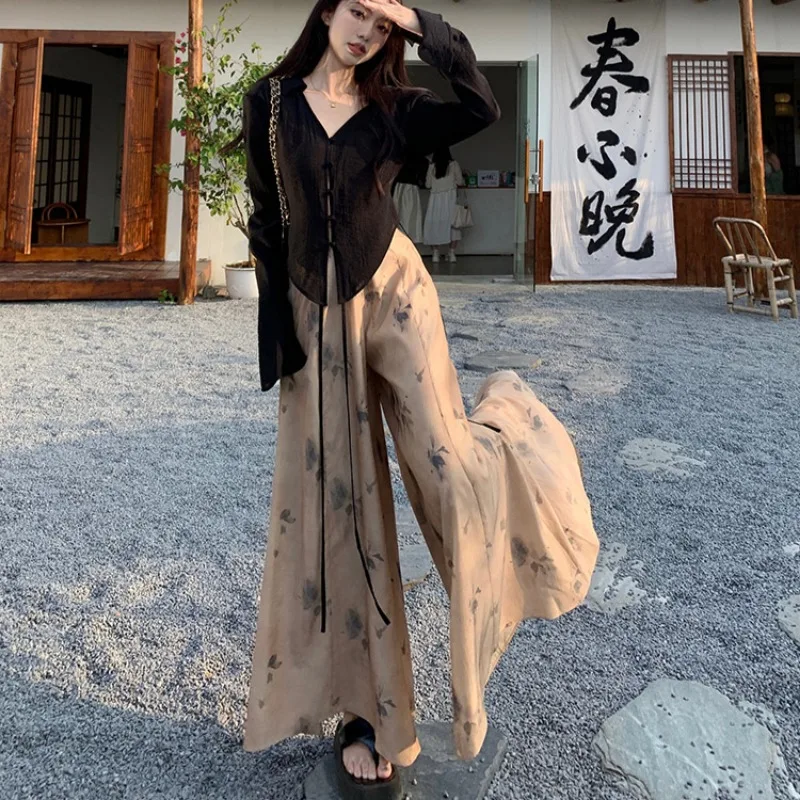 Chinese Style Pant Sets for Women Thin Simple All-match V-neck T-shirts Loose Young Girls High Street Casal Thin Spring Autumn