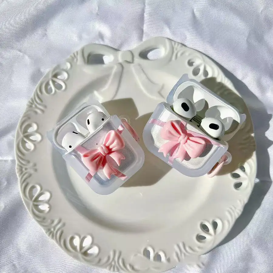 เคสหูฟังสีชมพูรูปโบว์สำหรับ AirPods 4 3 2 1 เคสไร้สายสำหรับ AirPods Pro2 รุ่นเคสหูฟังบลูทูธพร้อมพวงกุญแจ