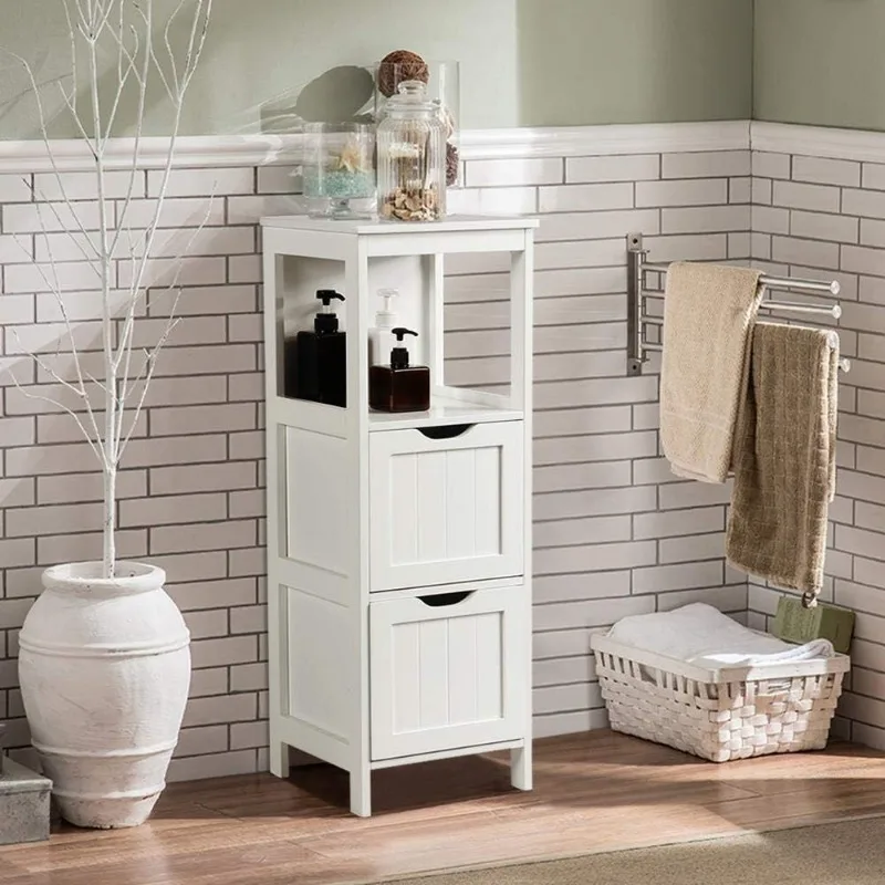 Bathroom Floor Cabinet, Wooden Storage Cabinet with 2 Drawers and 1 Shelf, Multifunctional Side Organizer Rack Stand Table,