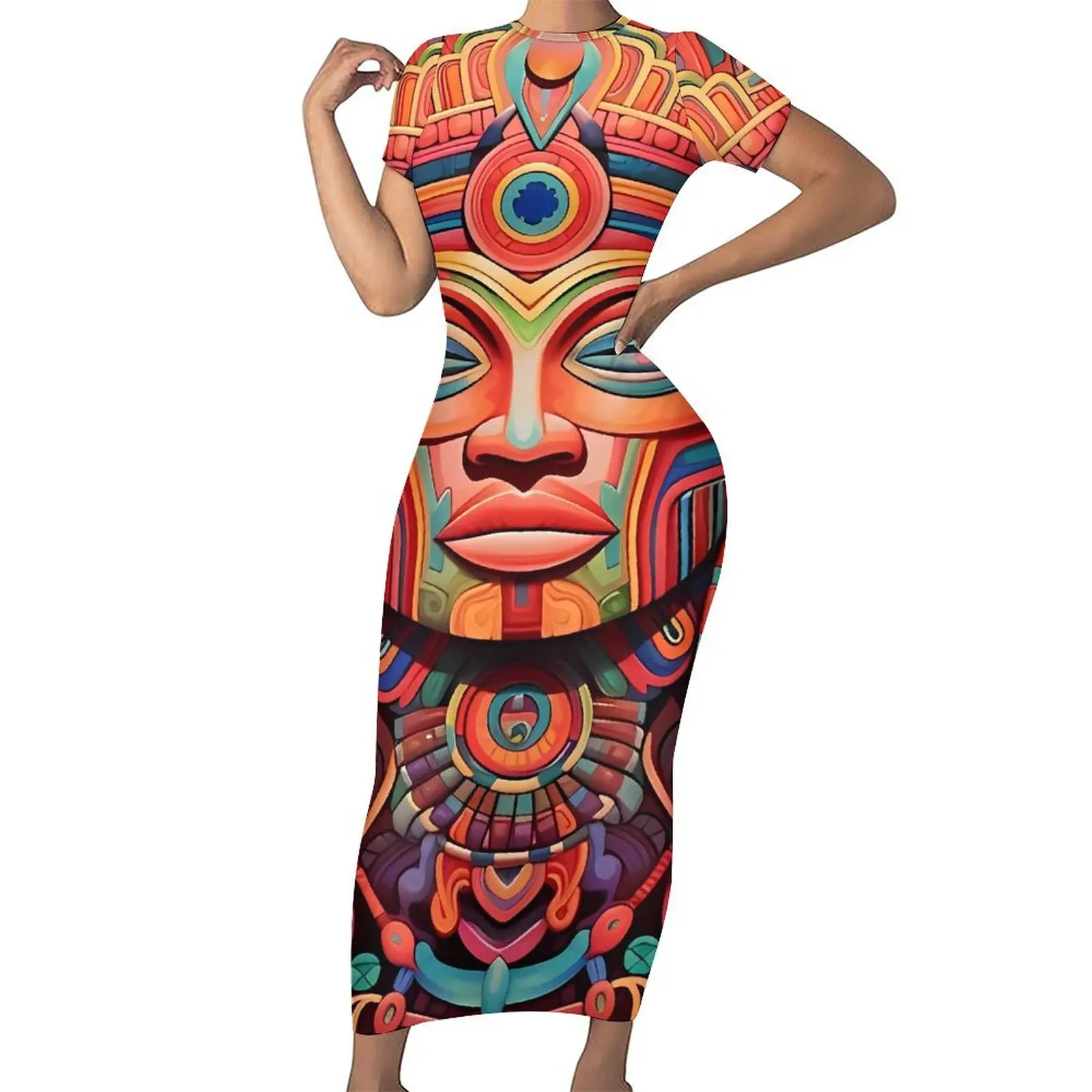 Abstract Aztec Art Bodycon Dress Womens  Retro Maxi Dresses Summer Short Sleeve Aesthetic Graphic Oversize Dress