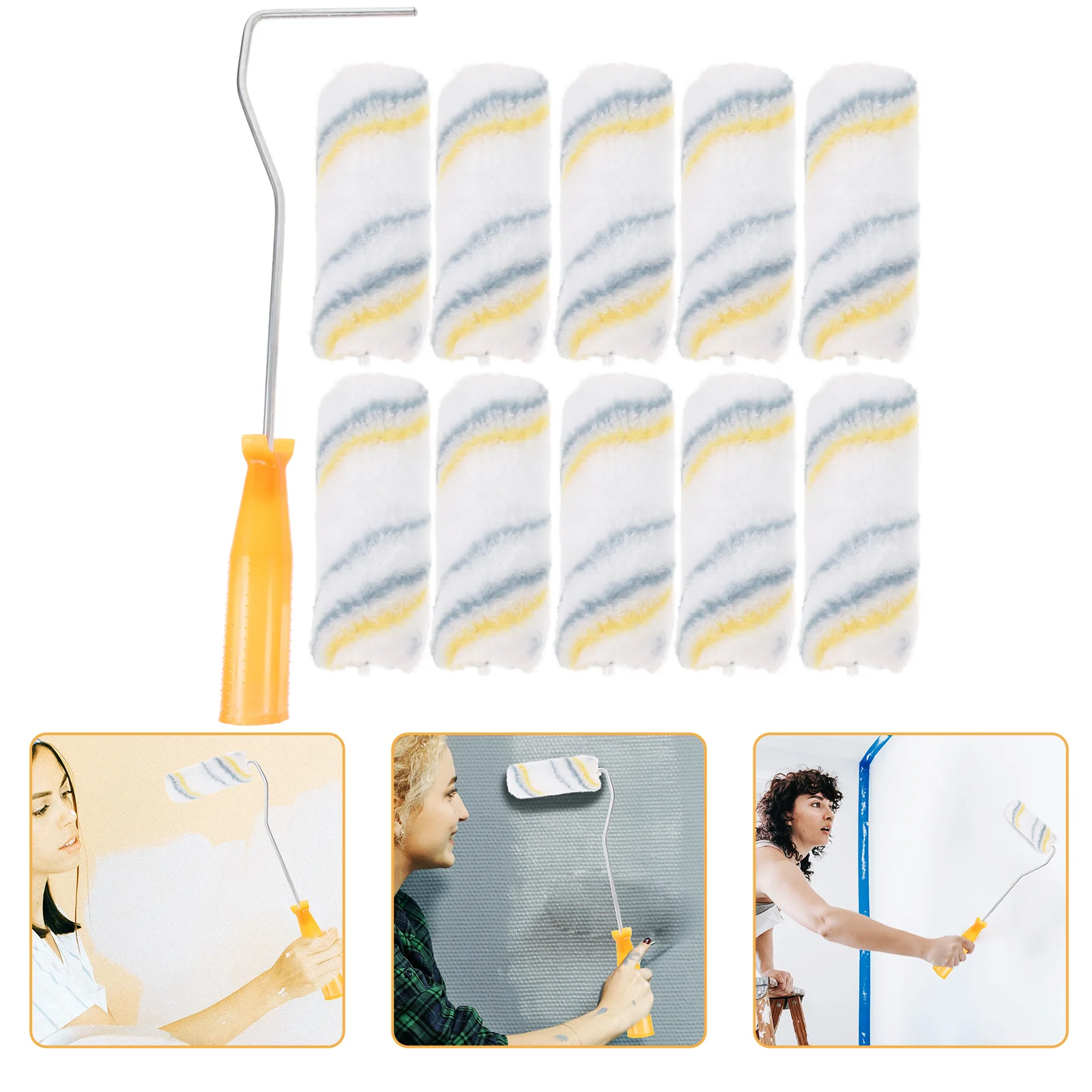 Zestaw 21 mini wałków malarskich z uchwytem 32 cm, żółto-szary wałek do malowania ścian, drzwi, okien, listew, narzędzia do malowania DIY