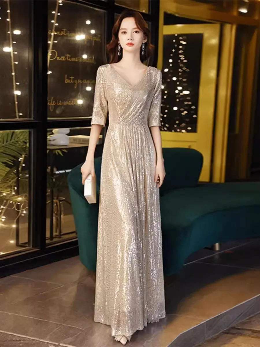 ASL-85#Champagne Colored Evening Dress Women's Banquet Temperament High-end Sequins Adult Birthday Host Dress Wholesale Cheap