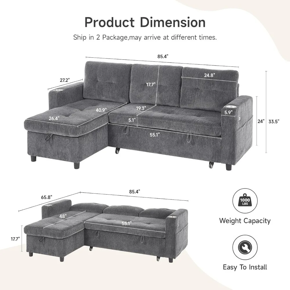 أريكة ONBRILL النائمة، أريكة سرير مقطعية على شكل حرف L مع كرسي تخزين، مجموعة خالية من الأدوات، أريكة قابلة للعكس 3 في 1 قابلة للسحب، أريكة