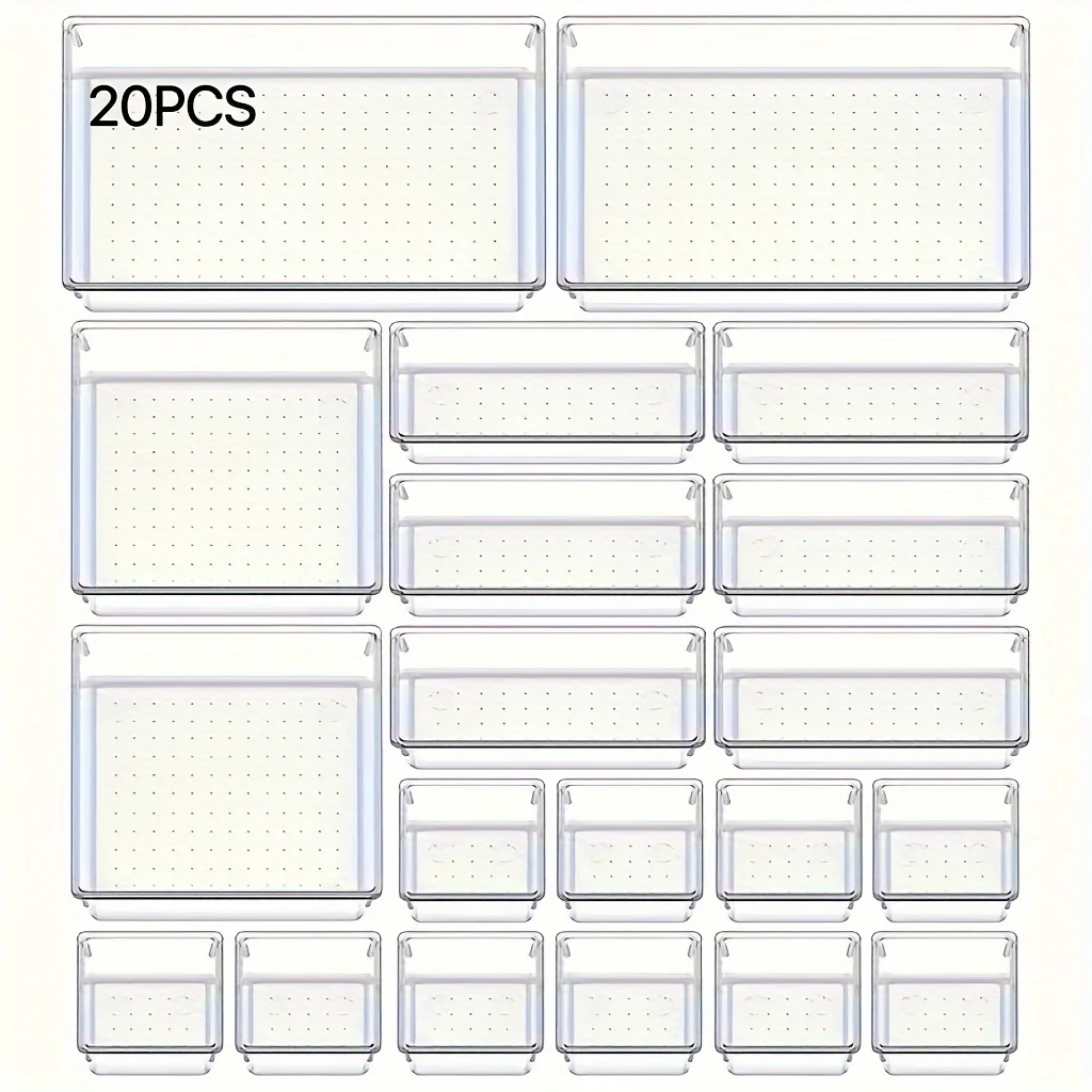 20-piece clear plastic drawer organizer set, multifunctional bathroom and dresser drawer organizer trays in 4 sizes, cosmetics,