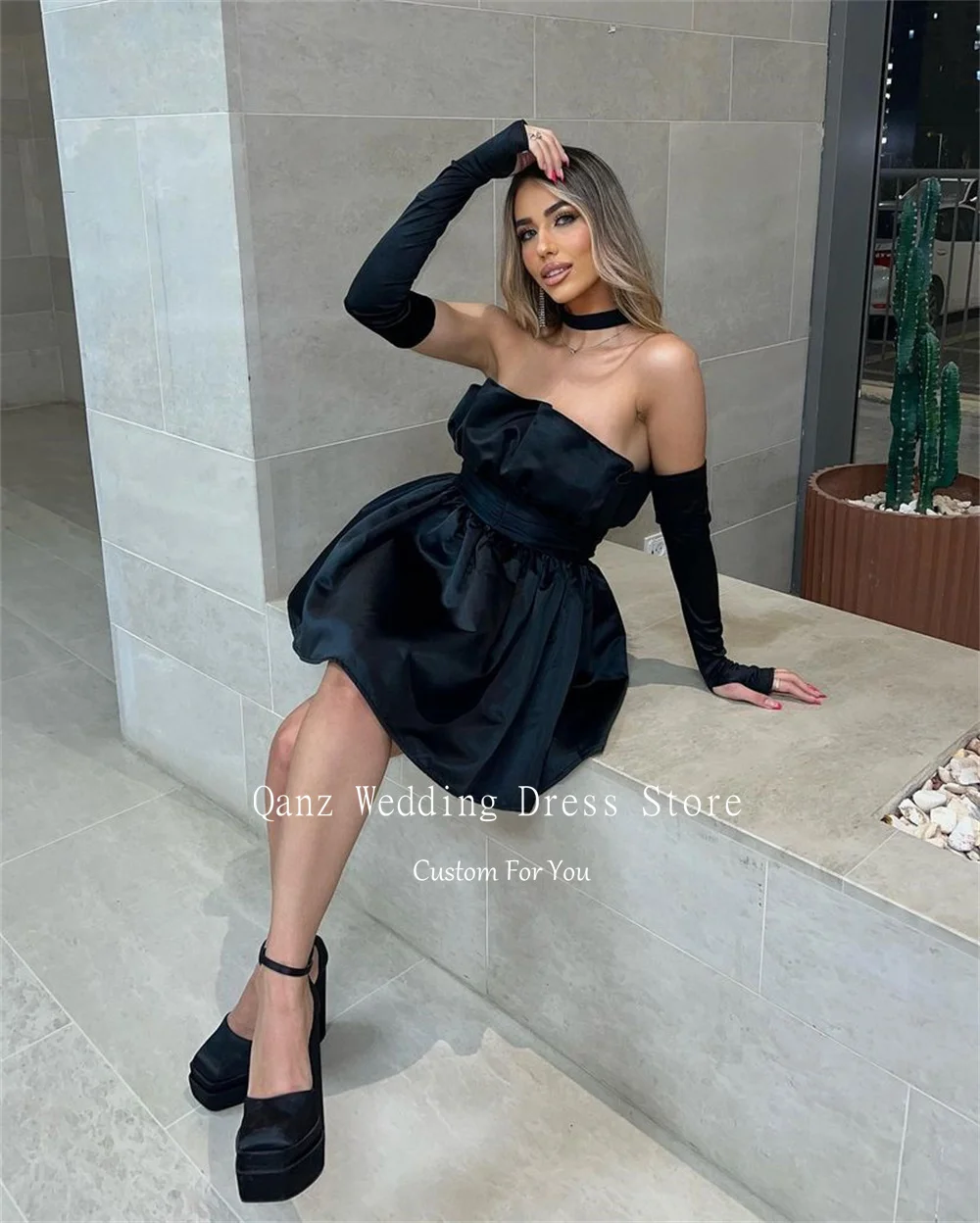 Qanz Long Sleeves Prom Dresses Short Black Satin Bestidos De Graduacion Para Mujeres Sexy Mini Homecoming Dresses Customized