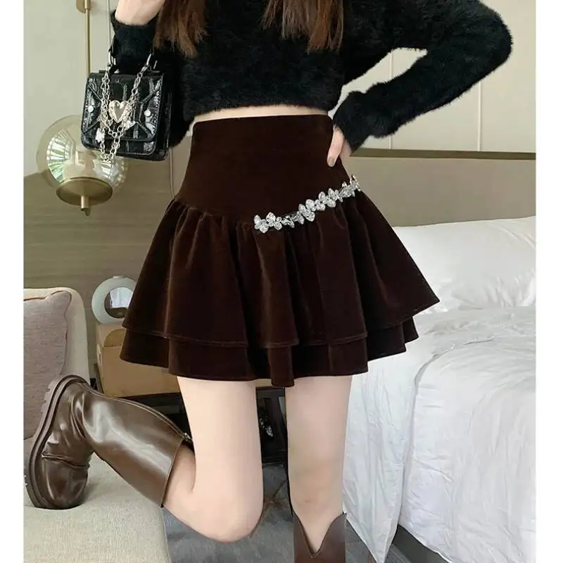 

Korean Winter New Veet Women High Waist Princess Style Sweet Mini Dias Solid Versatile Skirt Female