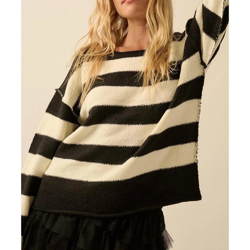 

Combhasaki женские осенне-зимние вязаные свитера с длинным рукавом и круглым вырезом свободного покроя Y2k полосатый трикотаж пуловер джемперы топы