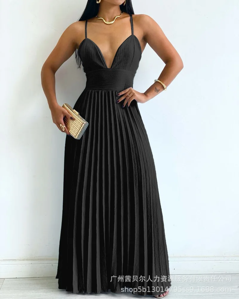 Leibchen Plissee Kleider Frauen Pullover Solide Bodenlangen Kleid V-ausschnitt Lose Fit 2025, Hohe Taille Y2k Streetwear Sommer Casual