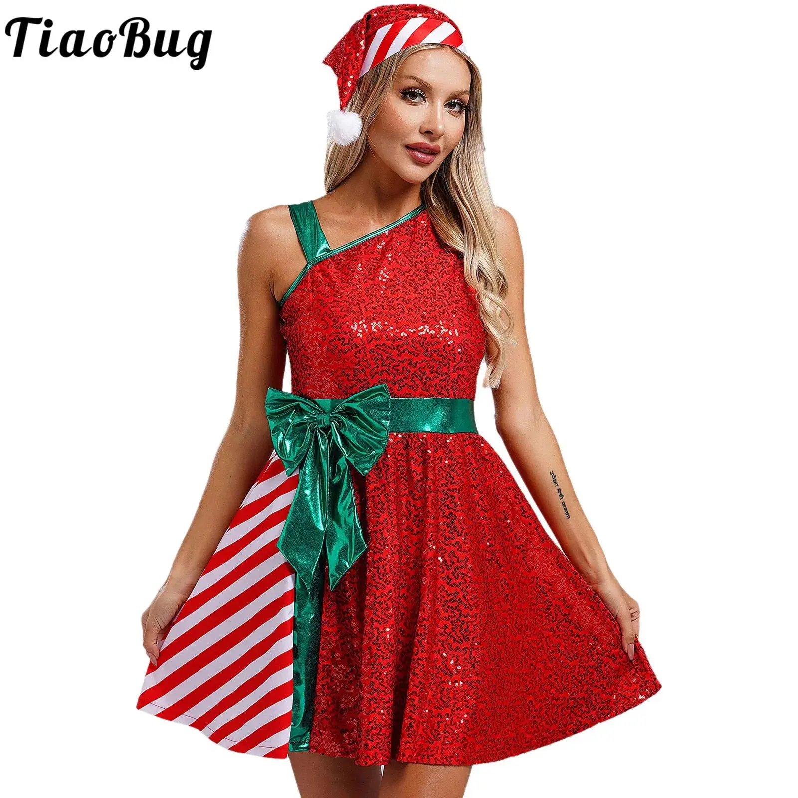 

Women Christmas Miss Santa Cosplay Costume Outfit New Year Party Candy Cane Sequins Stripes Dress Cocktail Party Dance Wear