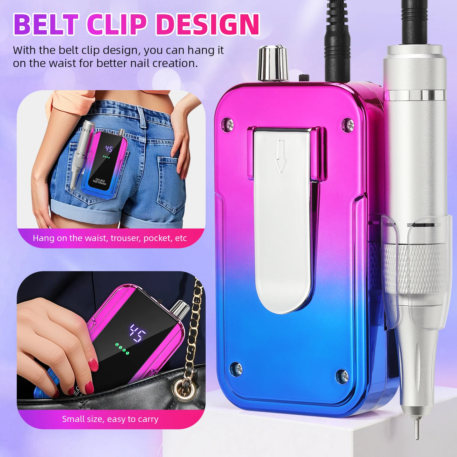 전문가용 45,000rpm 전기 휴대용 네일 드릴, 충전식 저소음 네일 파일, 네일 살롱 도구