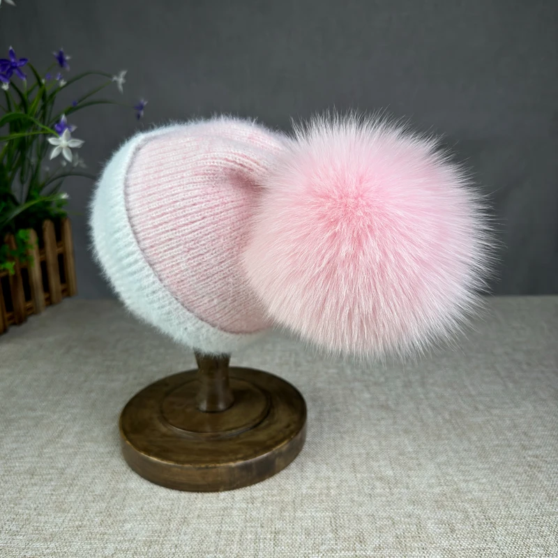 Natural fur pompom hats Winter Fashion Gradient color Knitted Outdoor Cycling travel Warm Peaked Cap Casual Fashion Hats