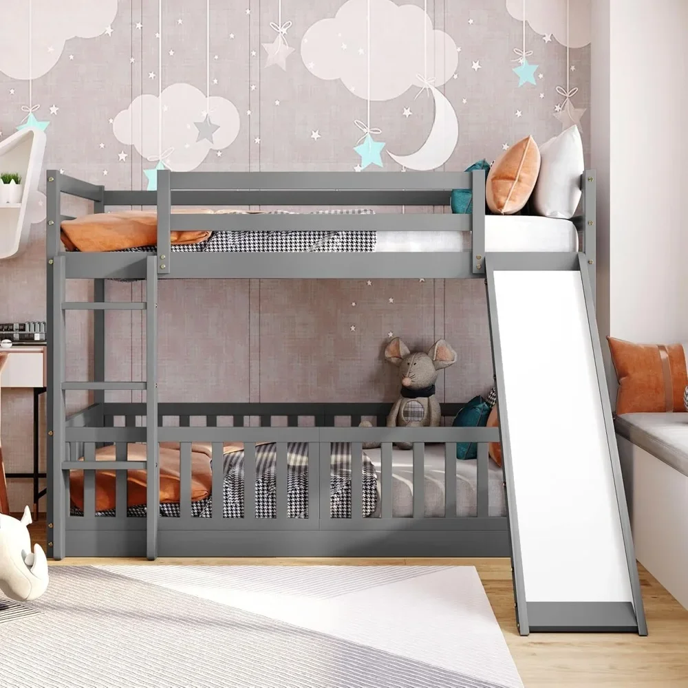 Beds, Twin Over Twin Low Bunk Bed for Kids, Ladder and Slide Can Be Interchanged or Remove(Gray + Fence Can Be Deleted), Beds