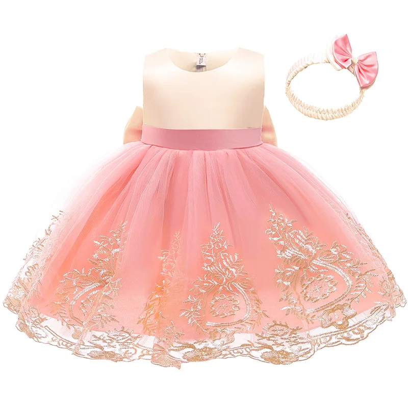 LZH Girls Lace Embroidery Princess Dress With headband For Toddler Baby 1st Year Birthday Christmas Evening Gown Infant Clothing