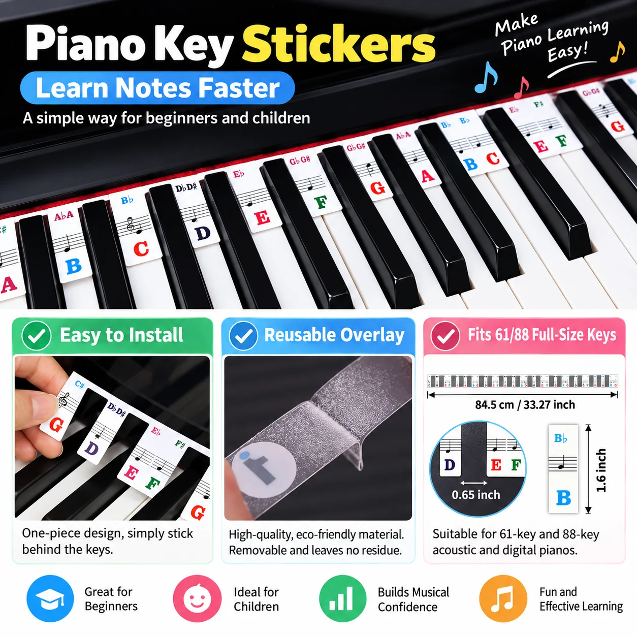 Piano Keyboard Note Stickers for Beginners Kids, 61/88 Keys Reusable Piano Key Notes Overlay with Storage Case