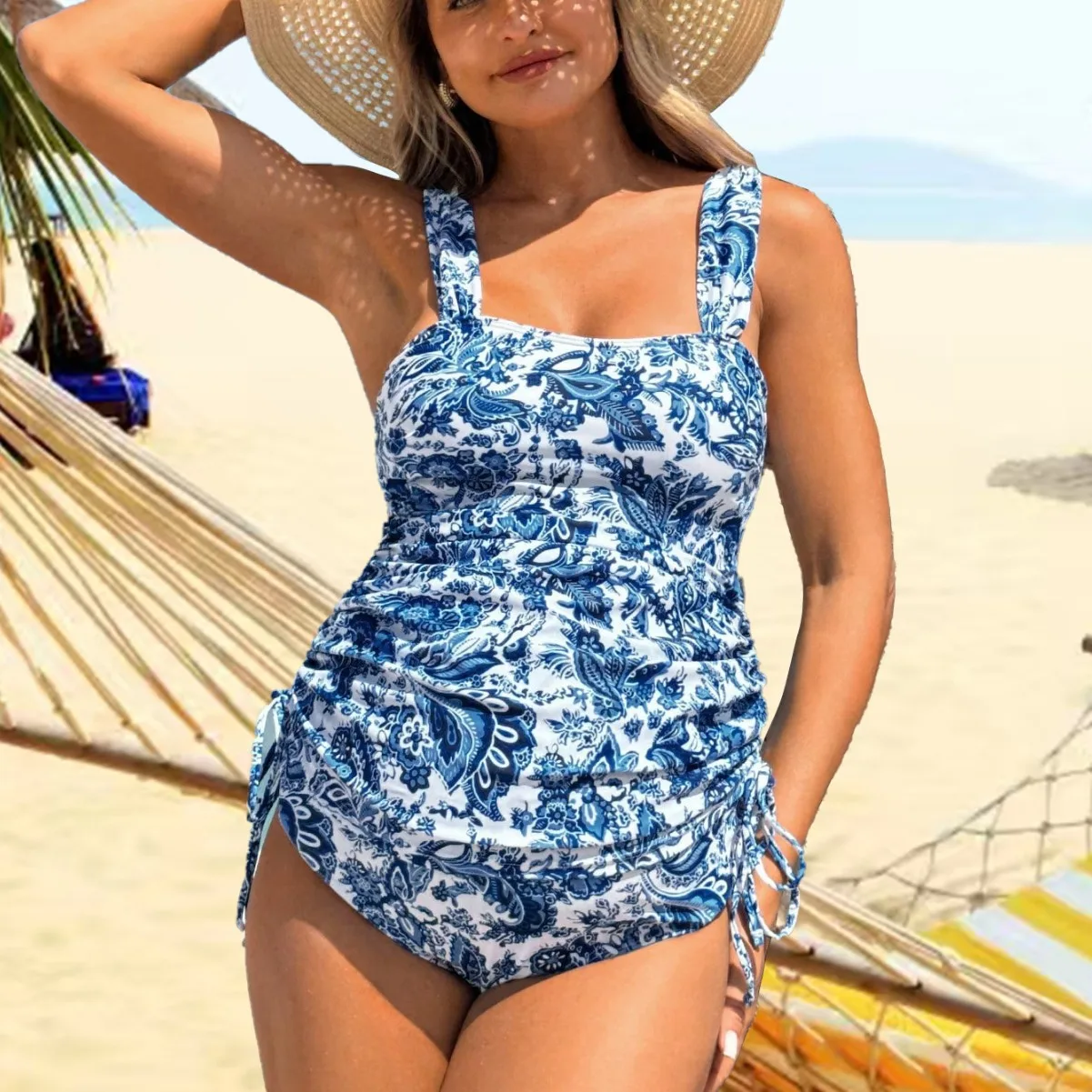 New Pregnant Women's Swimsuit Women's One-piece Printed Vintage Drawstring Loose Slim One-piece Swimsuit Women