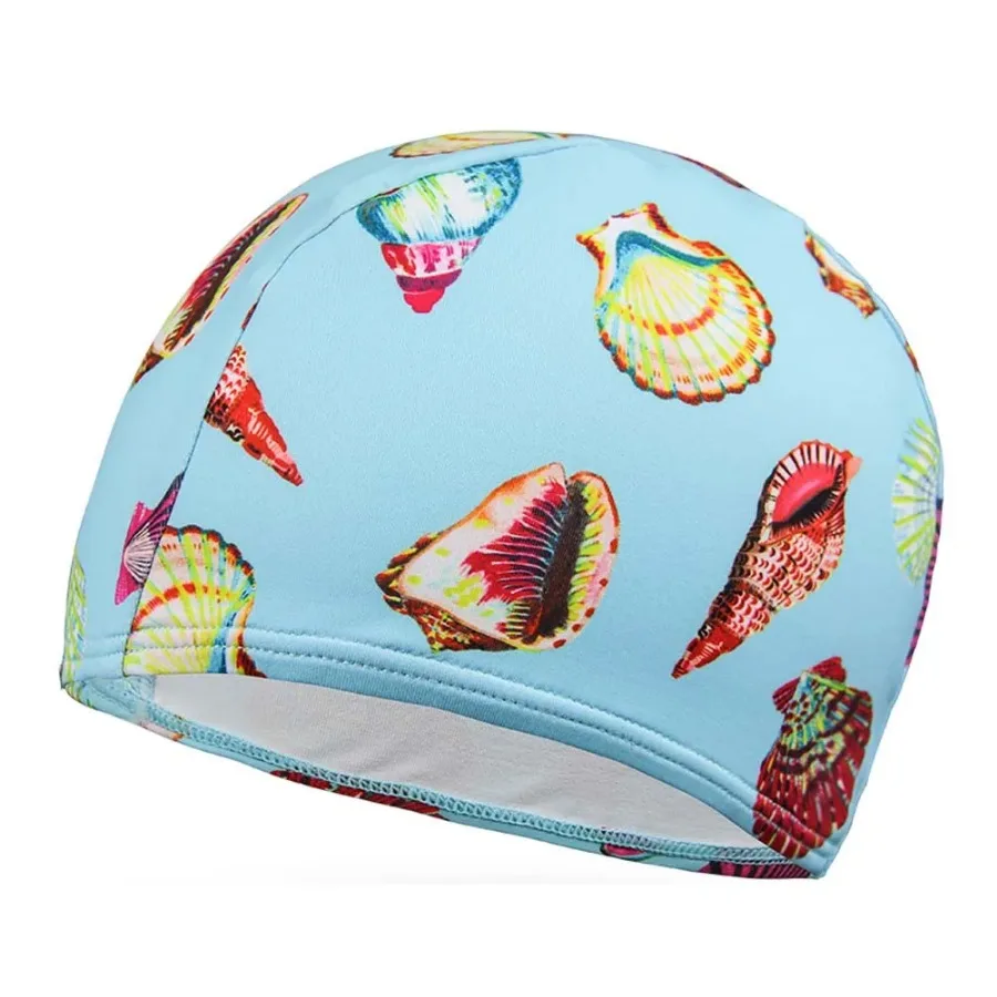 

Kids Elastic Swimming Cap Cloth Febric Swim Caps Blue Shell Print Bathing Caps