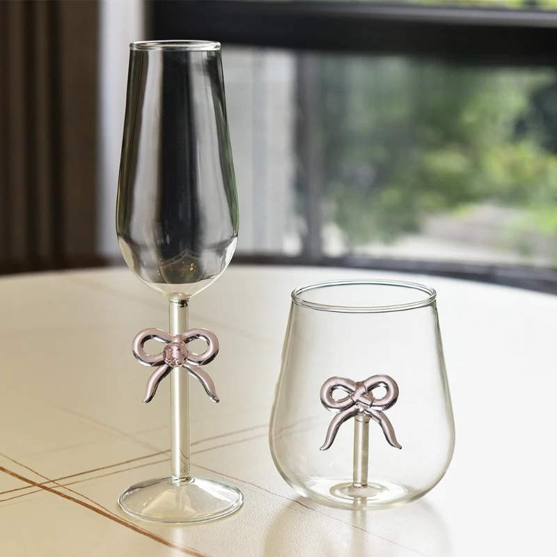 Creative High Level Sense Bow Champagne Glass, Home Fresh and Elegant Tall Red Wine Glass, Cocktail Retro Sweet Wine Glass